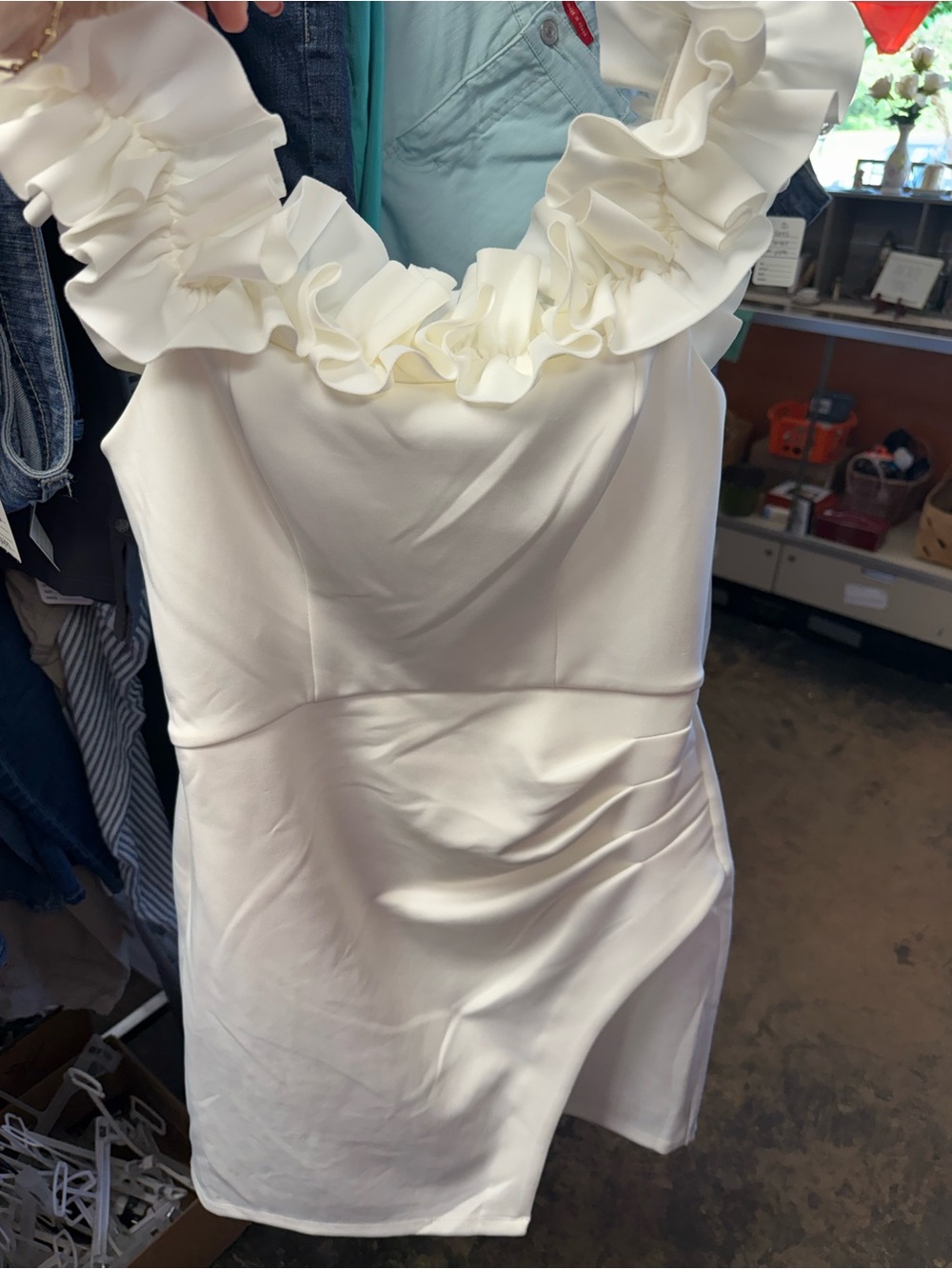 Ivy and Blu White Ruffle Neck Mini Dress